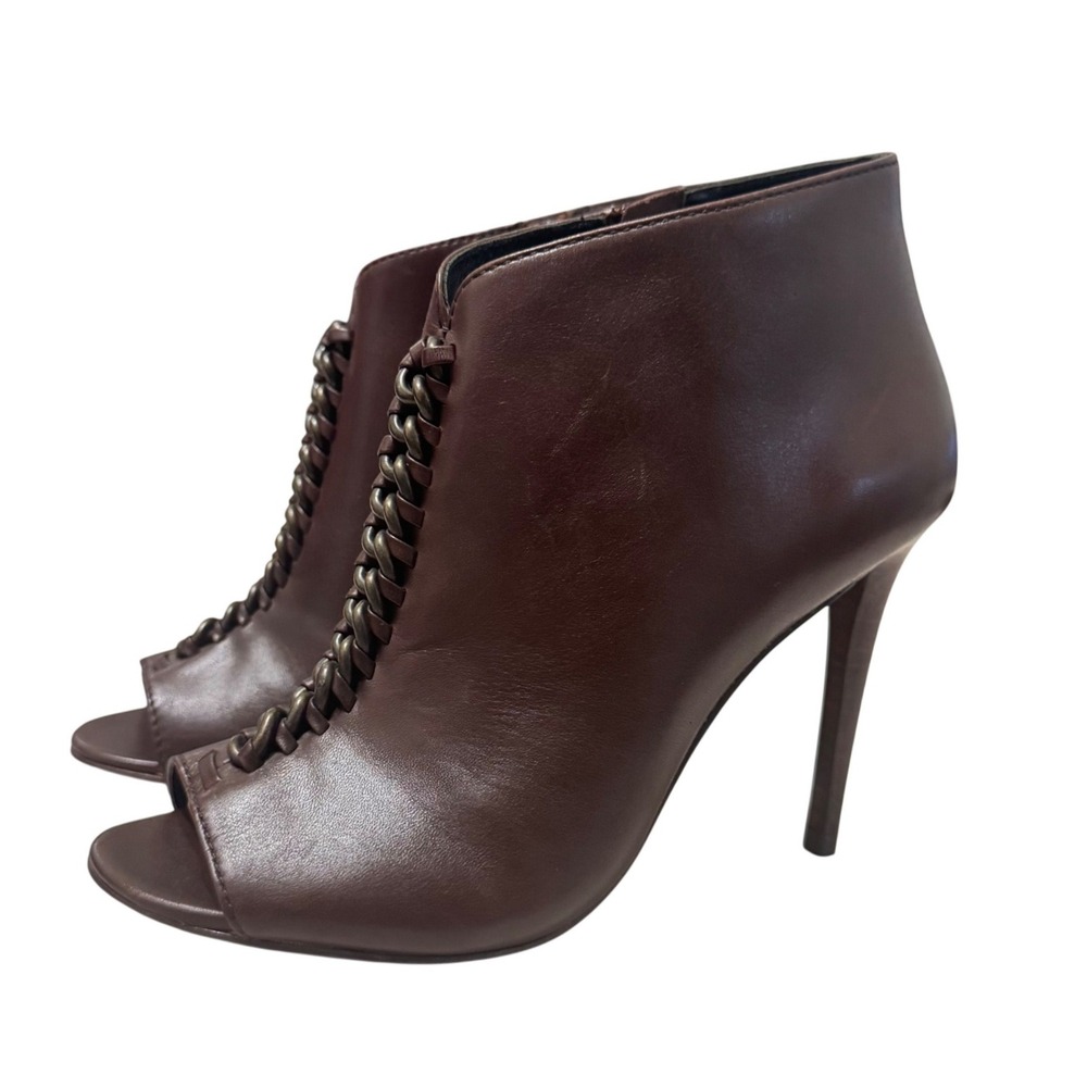 Coach‎ Olie Peep Toe Chain Booties Women 6B Dark Brown Stiletto Leather Zip